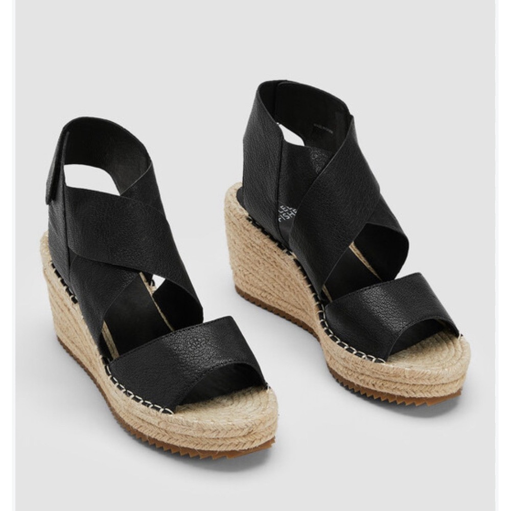 Eileen Fisher Willow Wedge Leather Espadrilles 6.5 Black Minimalist Shoes  New